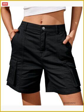 Cotton Cargo Shorts with Elastic Waist, 6 Pockets, Knee Length
